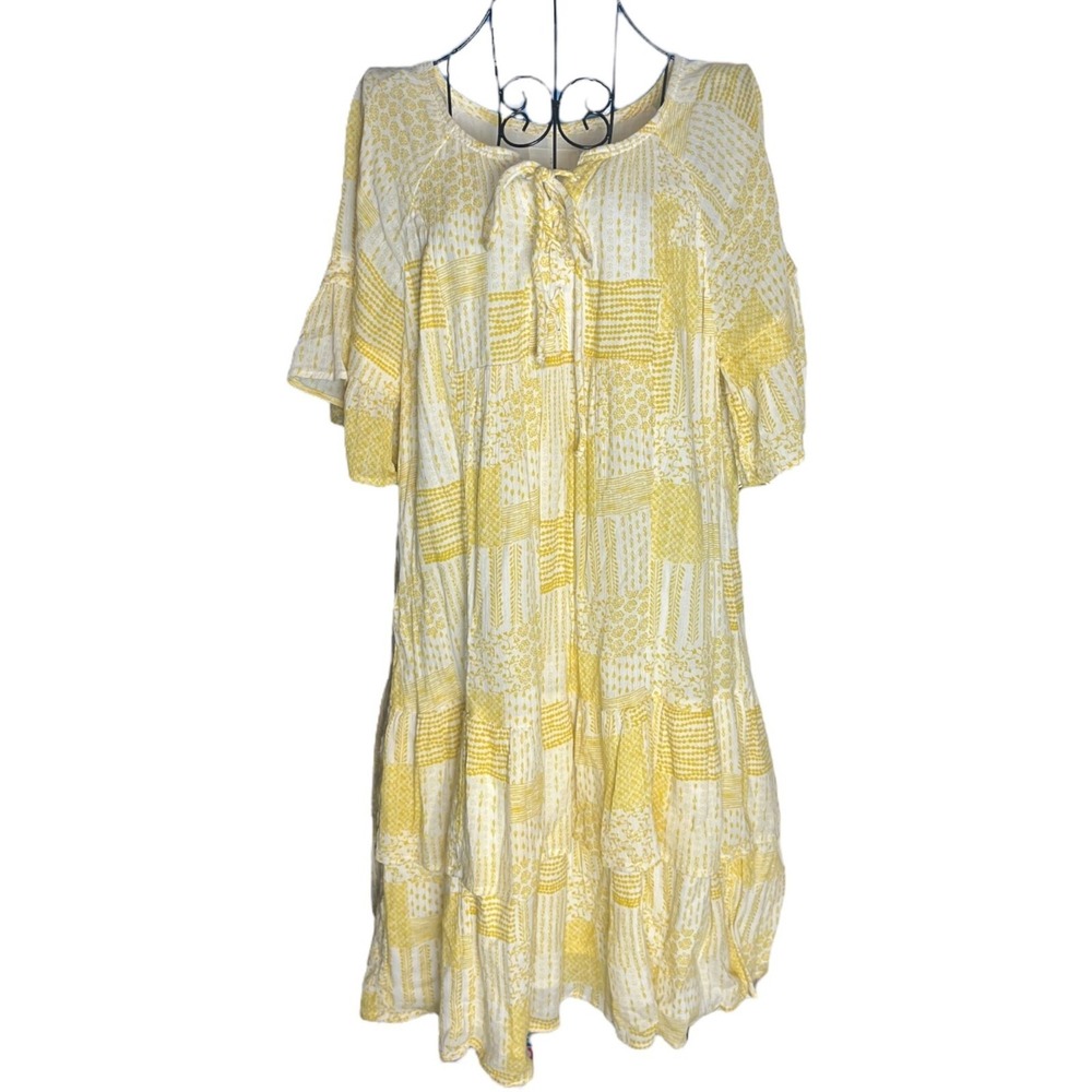 5/$25 Caslon Yellow White Tiered Dress Tie Neck Patchwork Ruffle Sleeve Women M